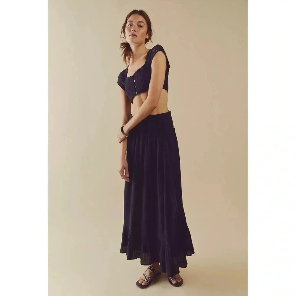 New Free People Linen Two-Piece Maxi Skirt Set Black Epic Small